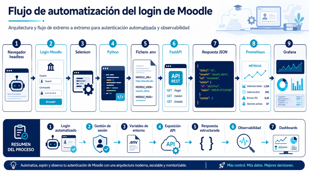 Flujo de automatización del login de Moodle con Selenium y FastAPI
