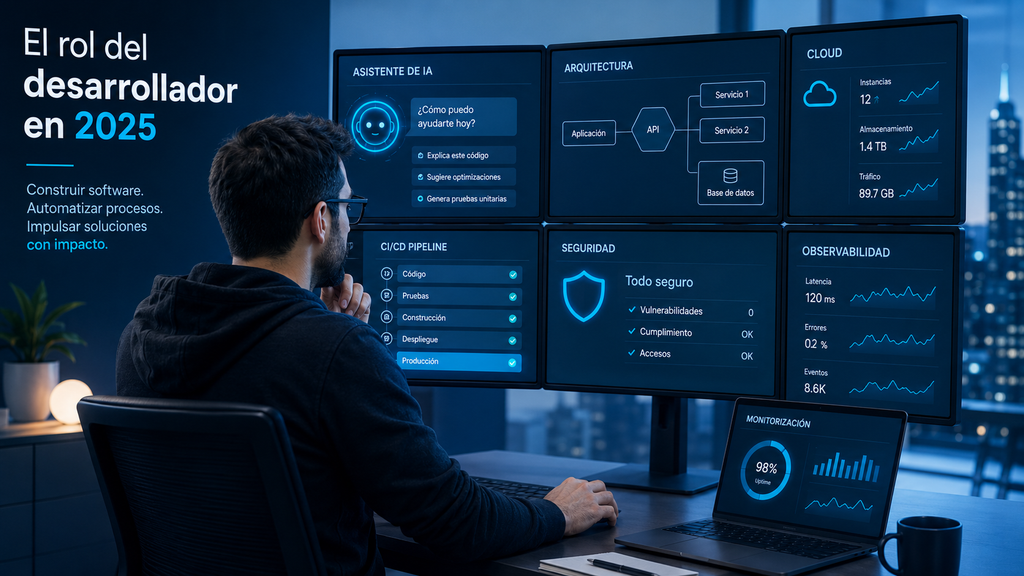 Desarrollador moderno trabajando con IA, cloud y automatización en 2025
Leyenda: El perfil técnico actual combina programación, arquitectura, automatización y criterio estratégico.

