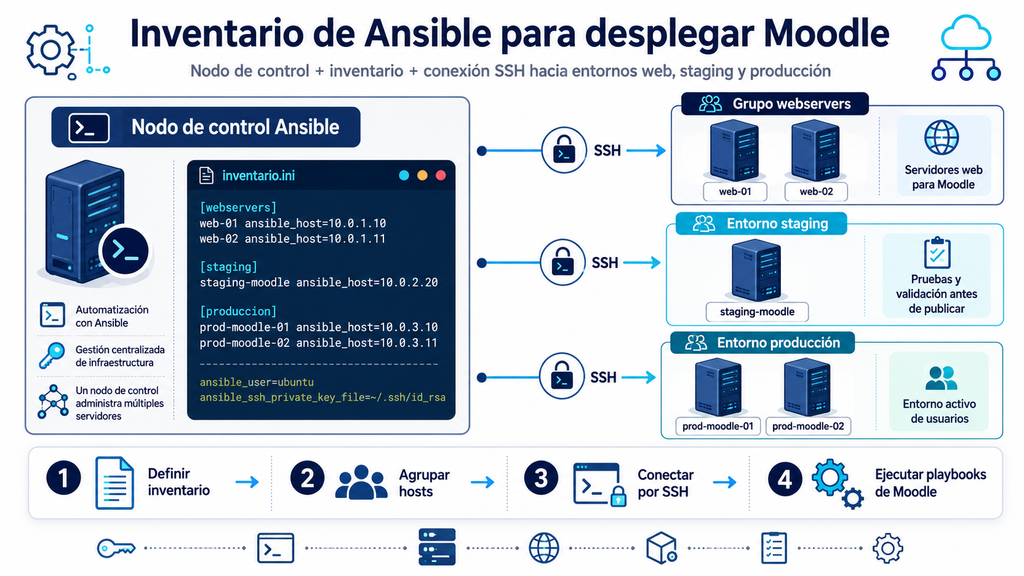 Inventario de servidores agrupados por entorno y variables de conexión