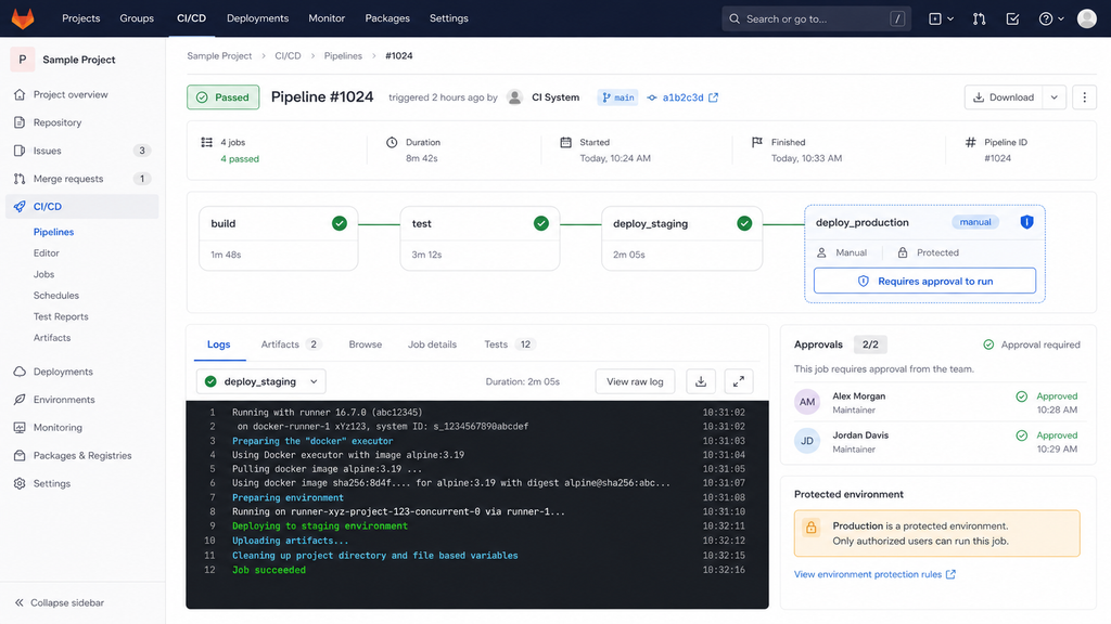 GitLab CI/CD con jobs manuales y reglas para proteger producción