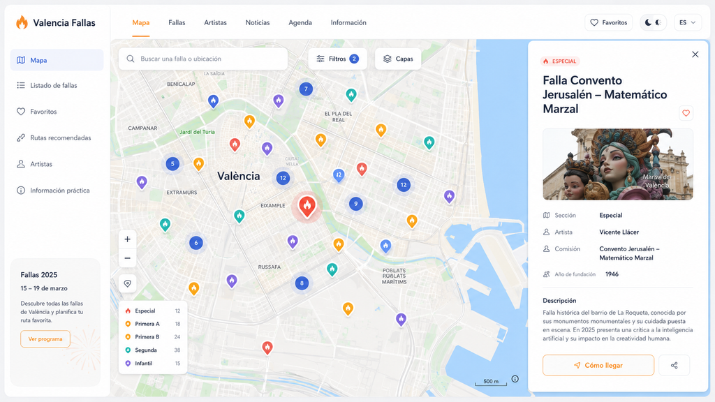 mockup final del mapa Fallas Valencia en una interfaz web moderna