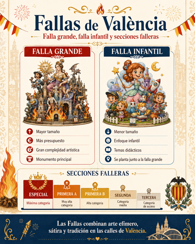 Fallas Valencia y tipos de fallas en una infografía visual