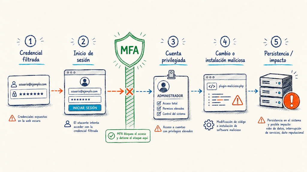 Diagrama de una cadena de ataque basada en credenciales comprometidas contra Moodle