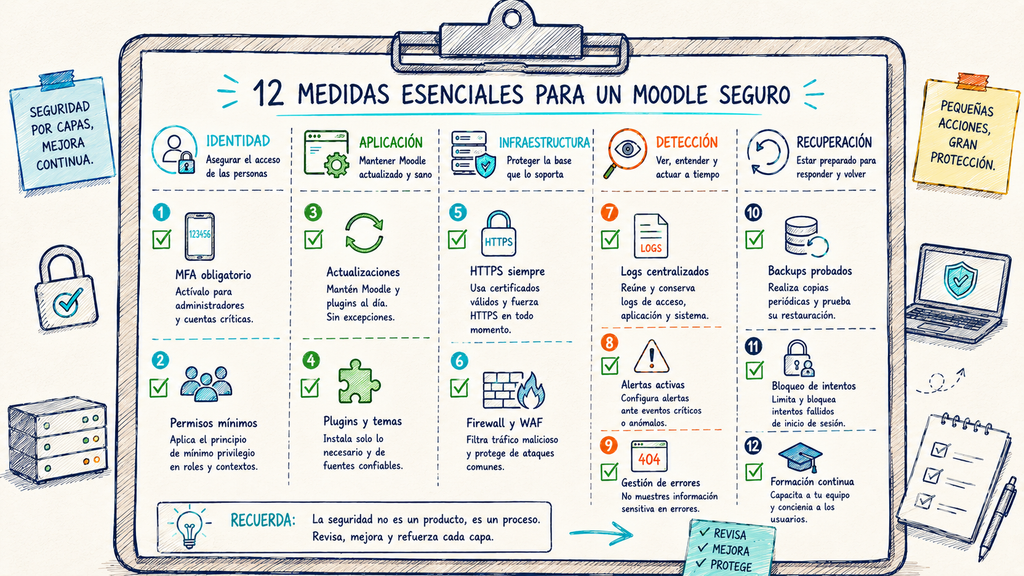 Checklist visual de seguridad Moodle con MFA, actualizaciones, permisos, monitorización y copias