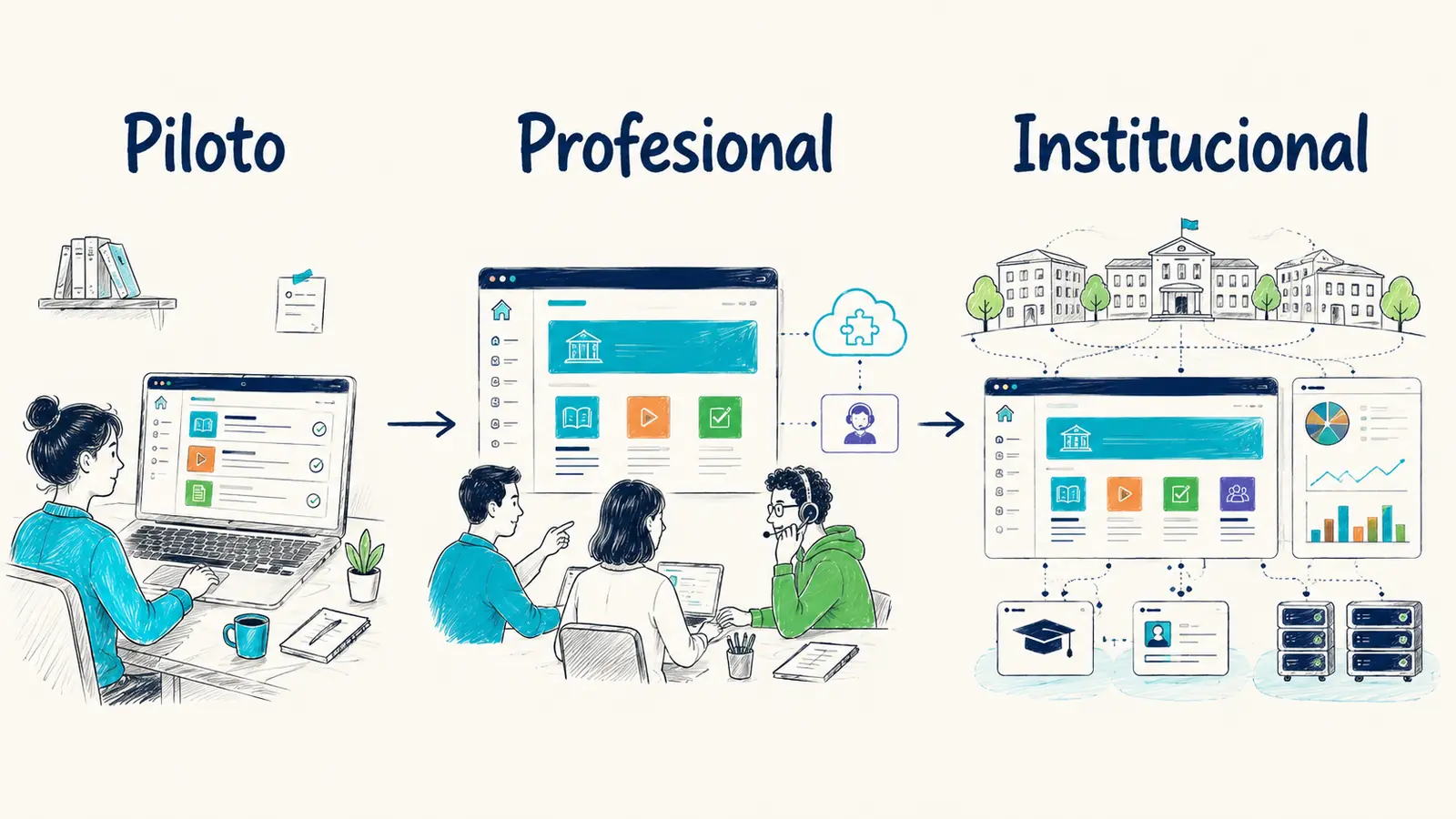 Comparación visual entre un piloto Moodle, una plataforma profesional y una implantación institucional integrada.