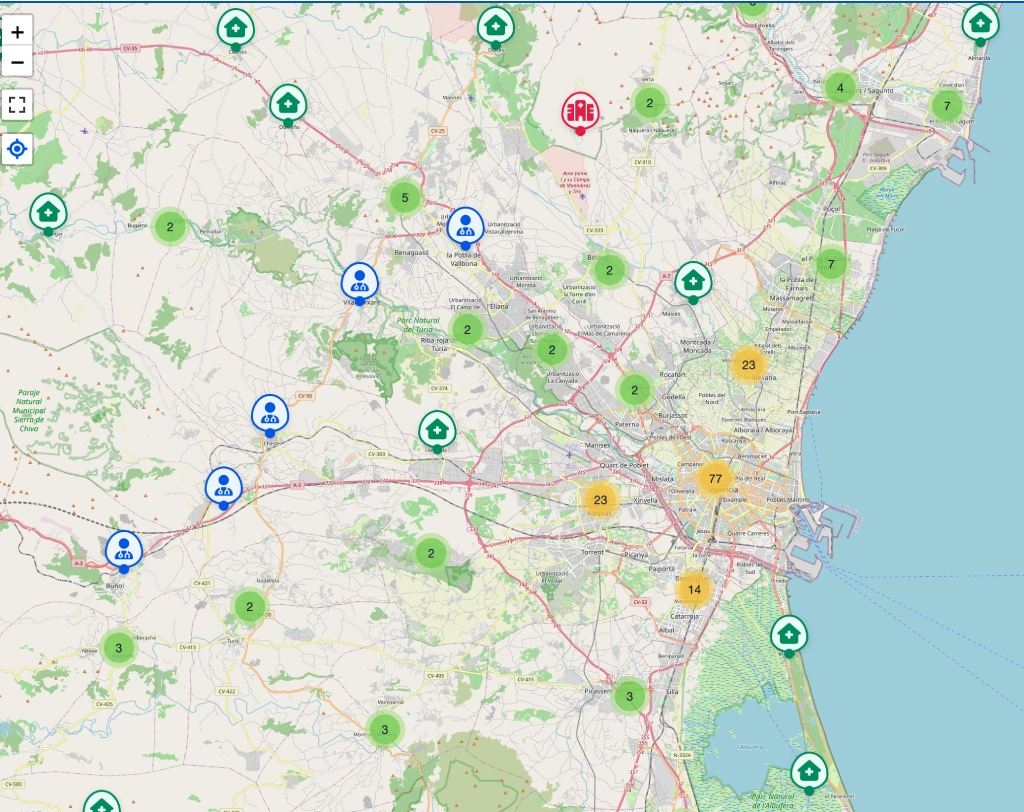 Vista del clústering de iconos sobre el mapa