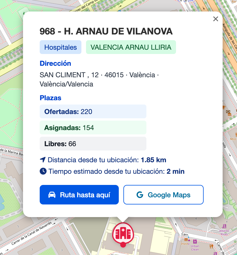 Popup centro sanitario tras habilitar la funciónalidad de calcular distancia