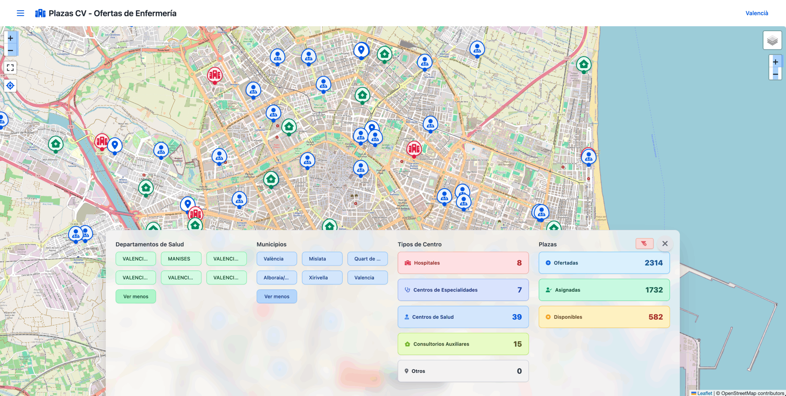 Consulta de datos de centros sanitarios con información de las plazas, tipos de centro, departamentos y municipios visibles en el mapa