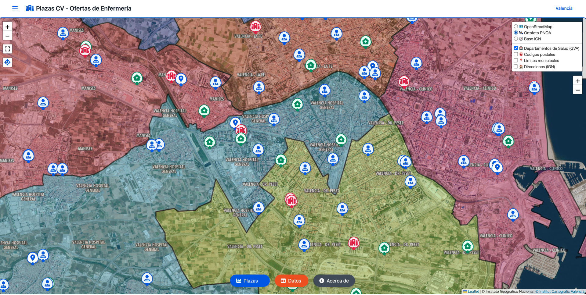 Consulta de datos de centros sanitarios con información de las plazas, tipos de centro, departamentos y municipios visibles en el mapa