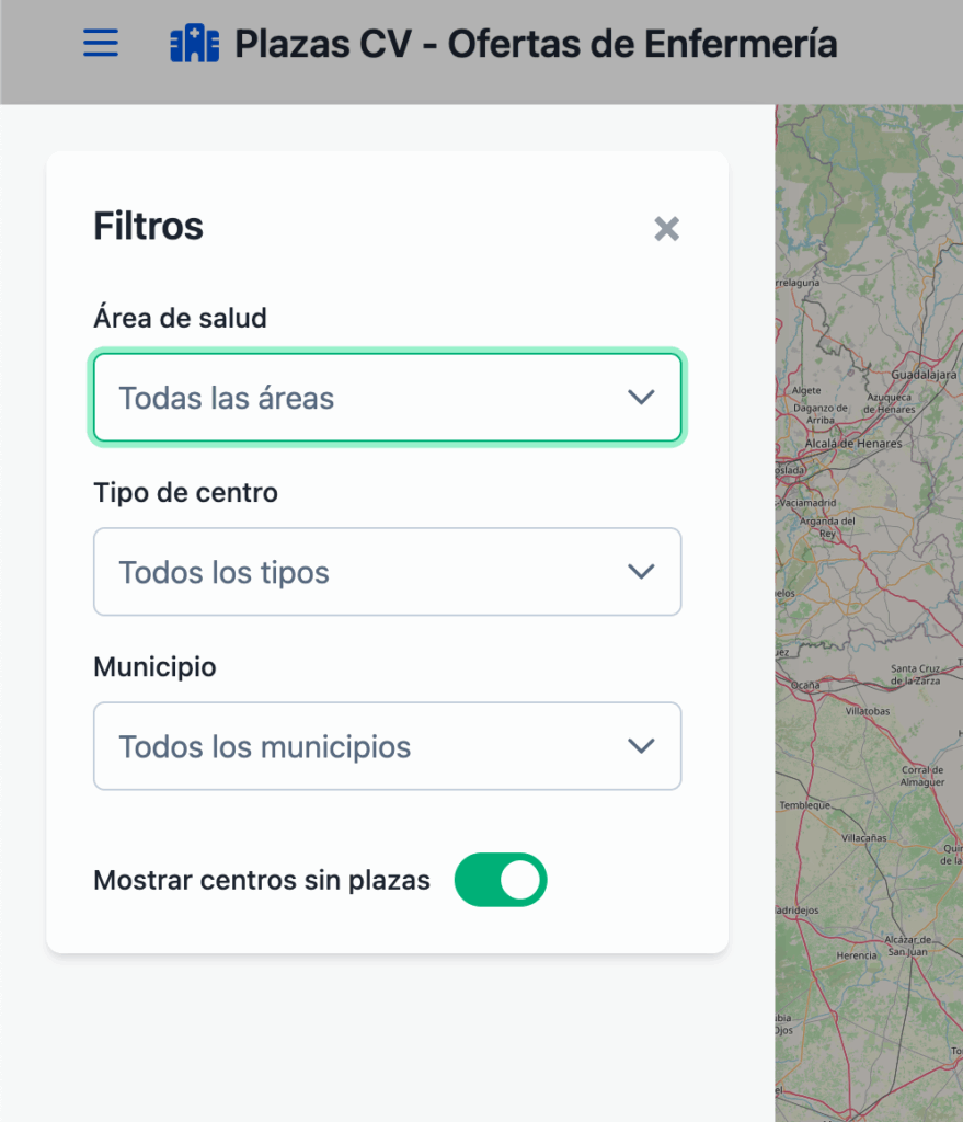 Filtros para aplicar al visor, área sanitaria, tipo de centro sanitario y municipio
