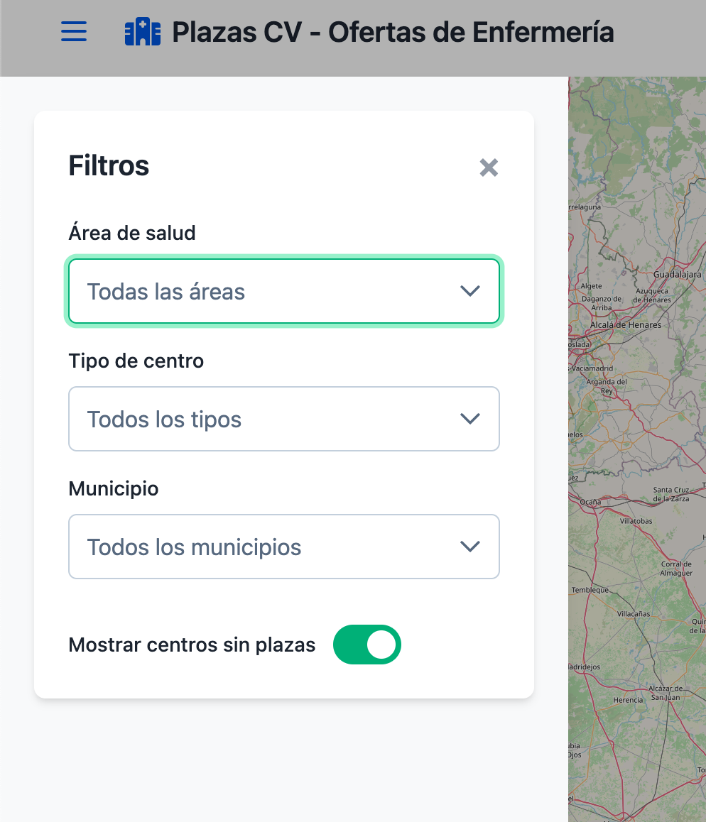 Filtros para aplicar al visor, área sanitaria, tipo de centro sanitario y municipio