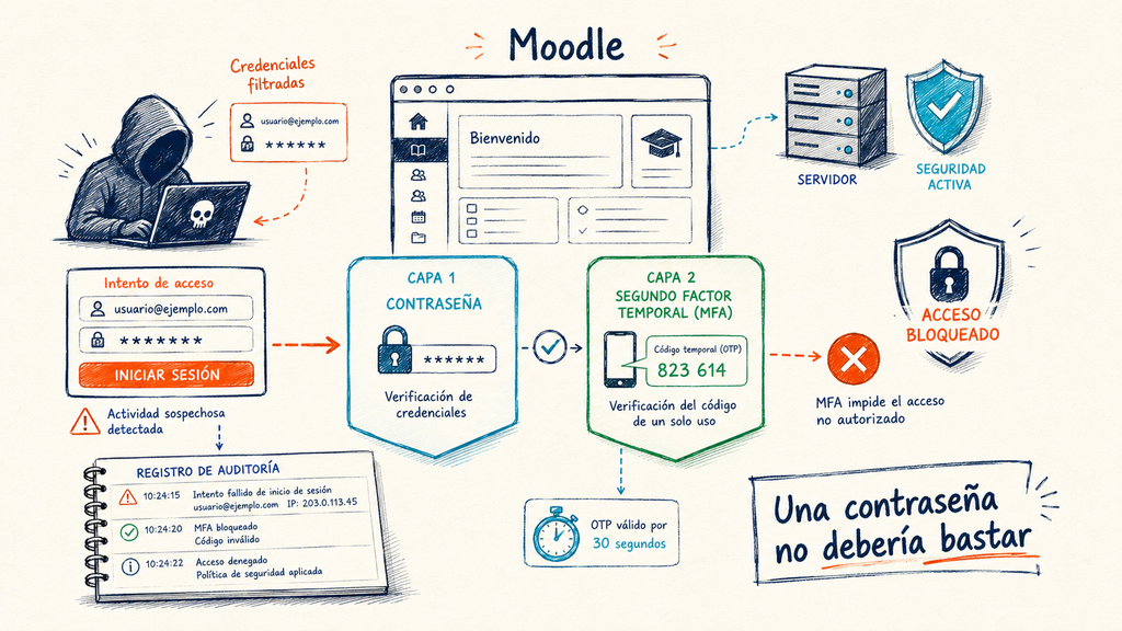 Ilustración editorial sobre protección de cuentas Moodle mediante autenticación multifactor