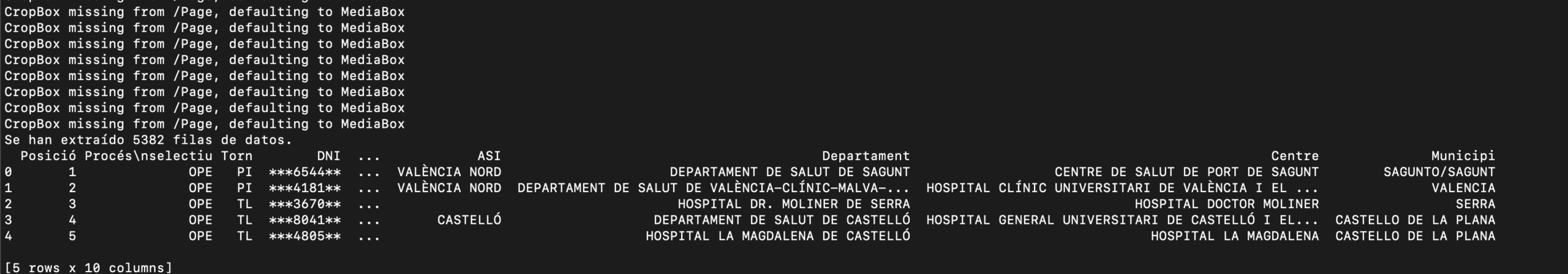 Estructura de la tabla que se está extrayendo del documento PDF