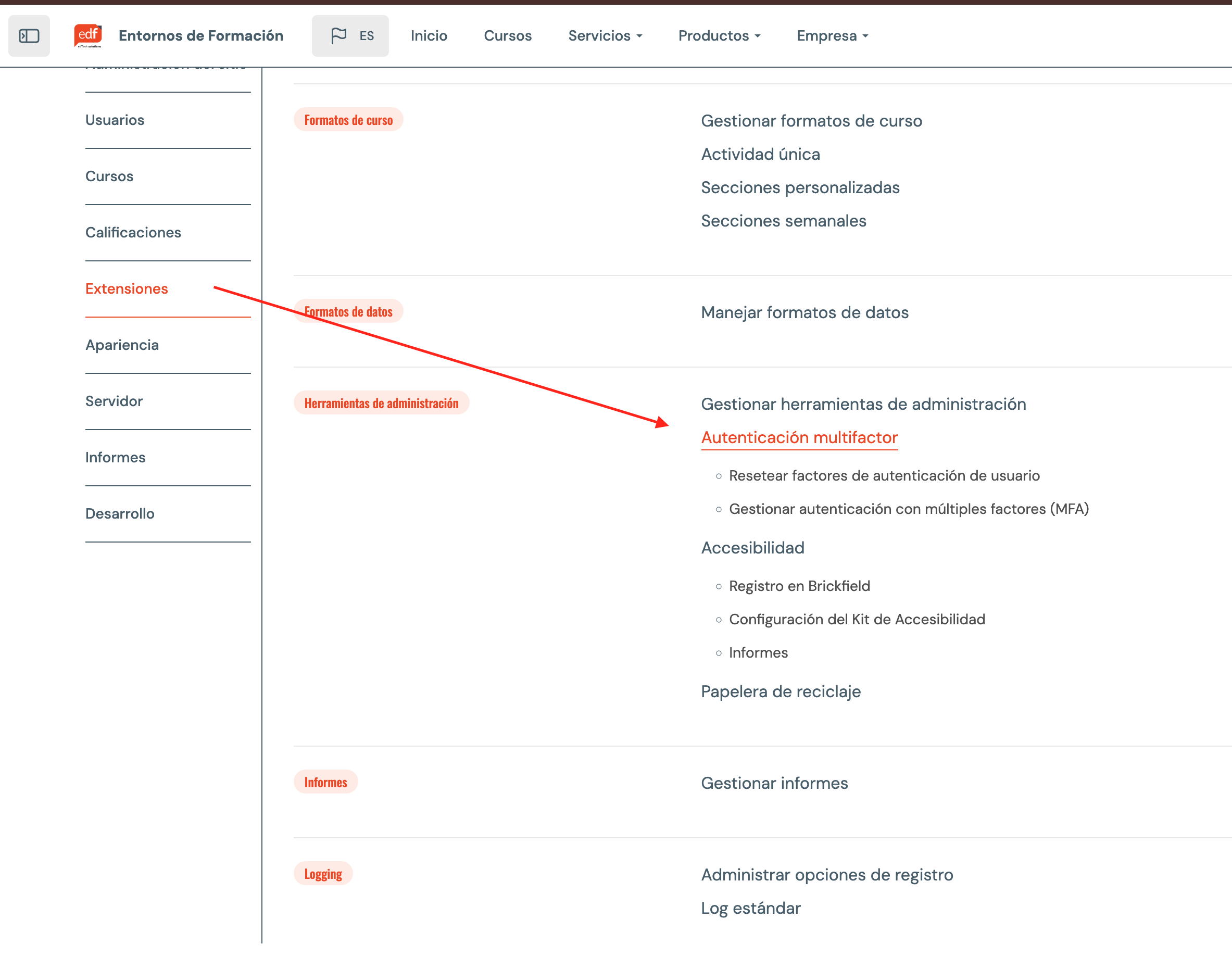 Sección de configuración MFA en un Moodle 4.5