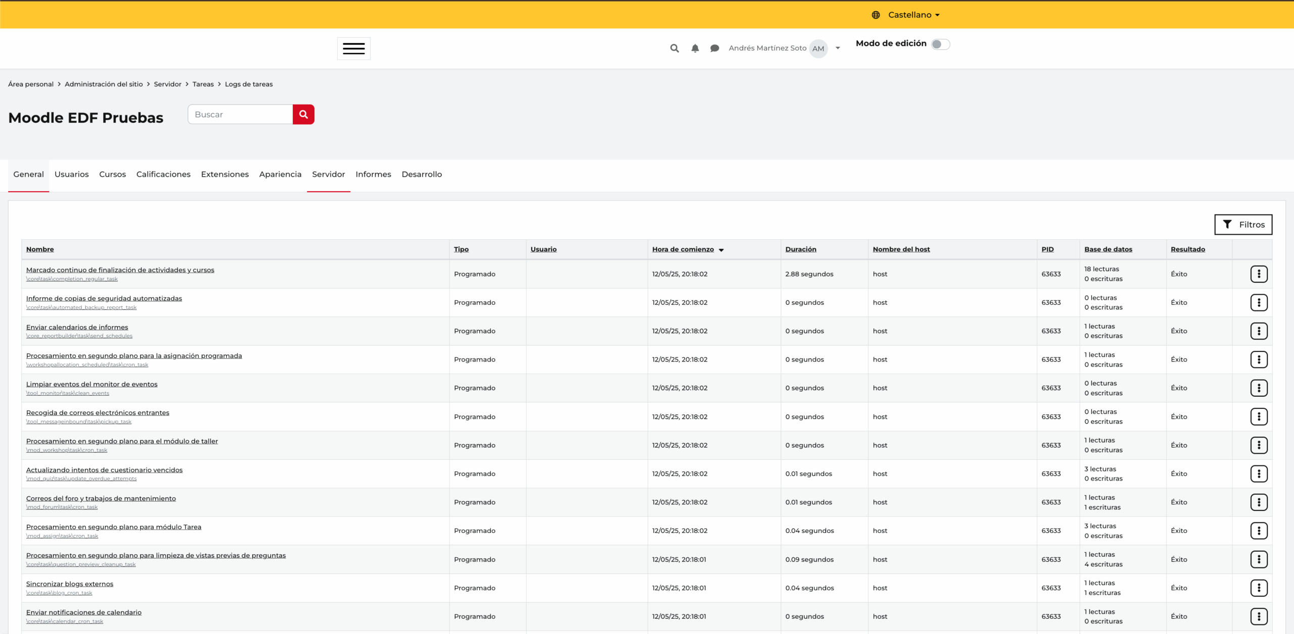 Log de ejecución de tareas programadas en Moodle