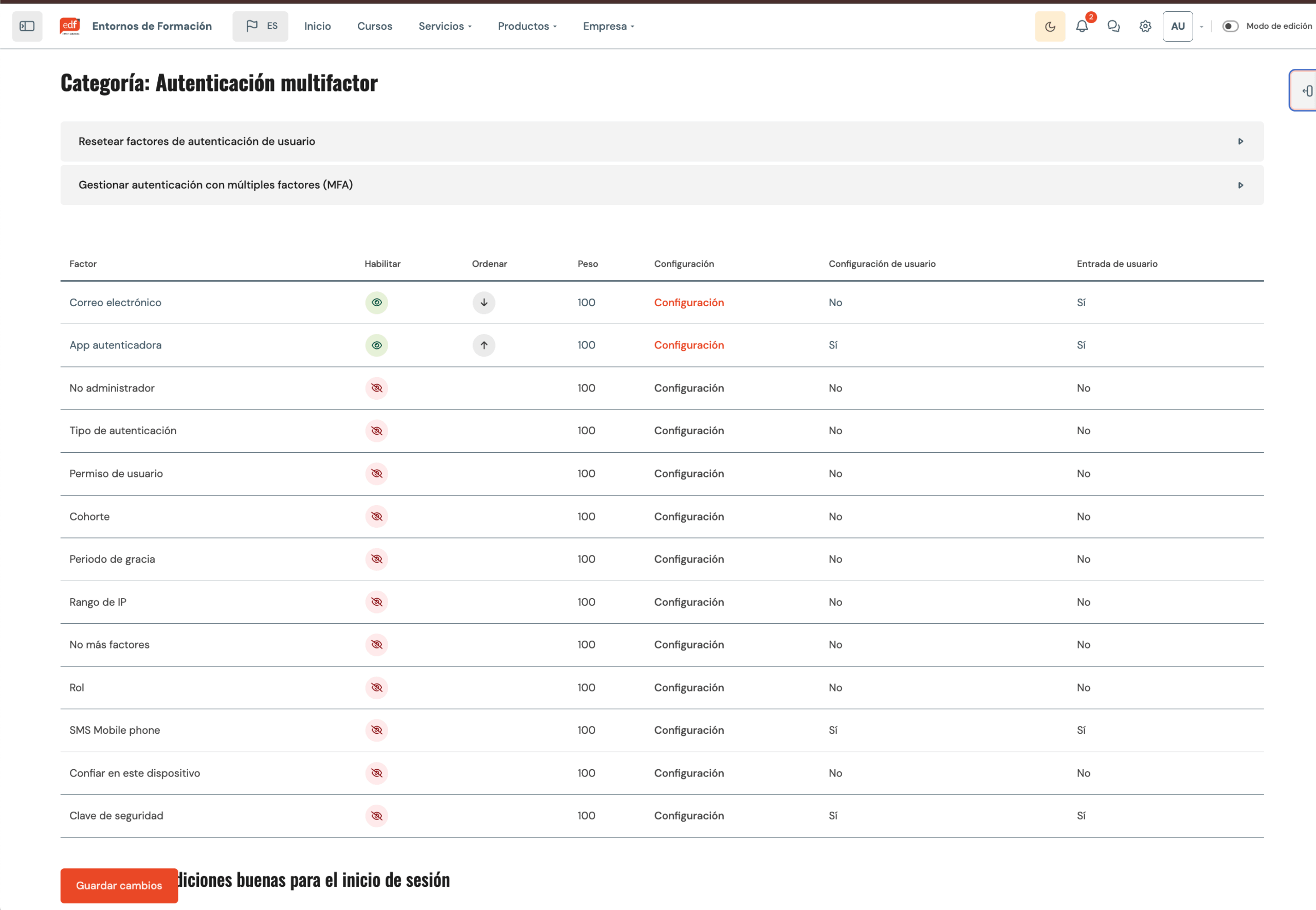Diferentes opciones para activar MFA en Moodle