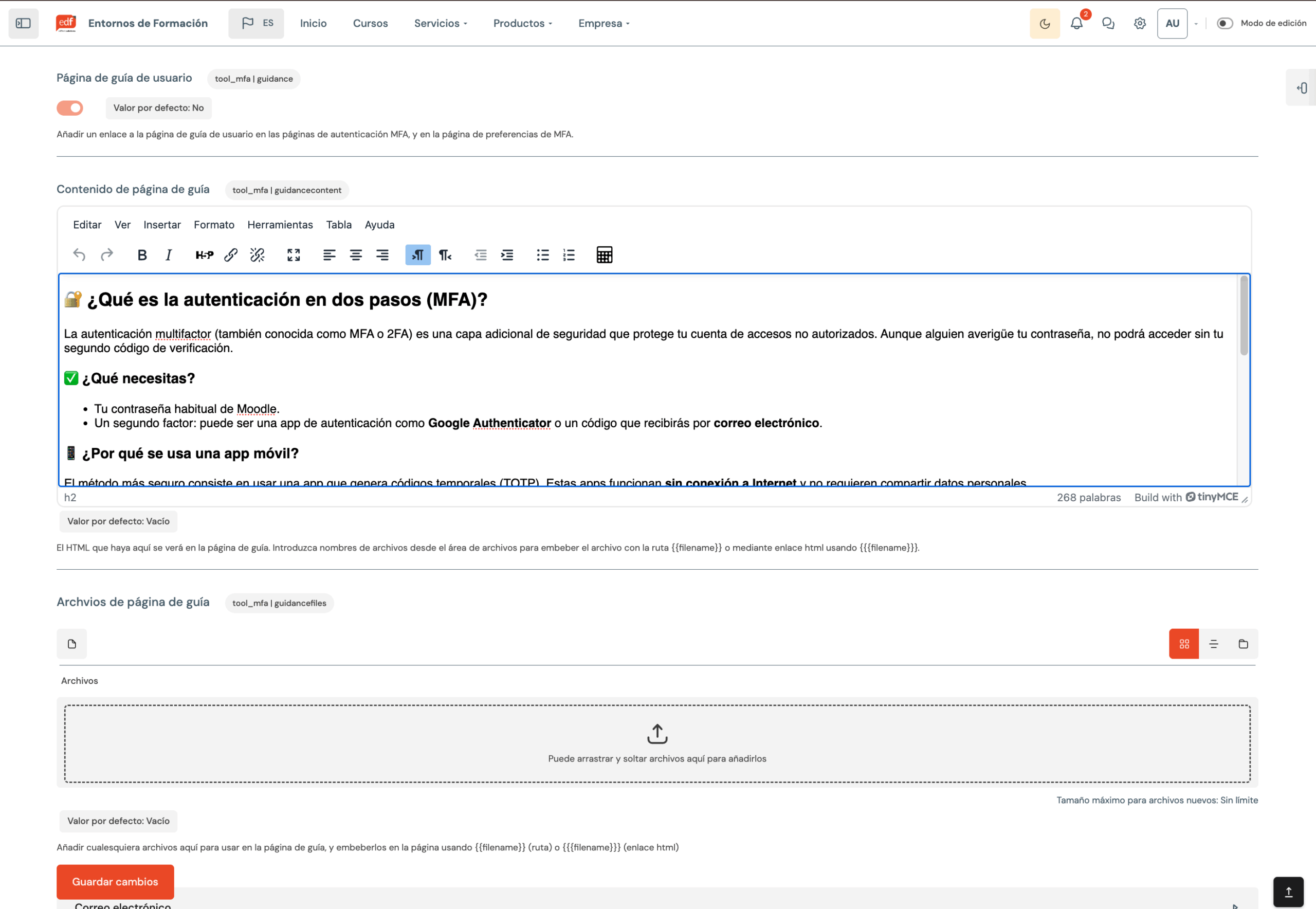 Configuración de instrucciones sobre el uso de la MFA para los usuarios