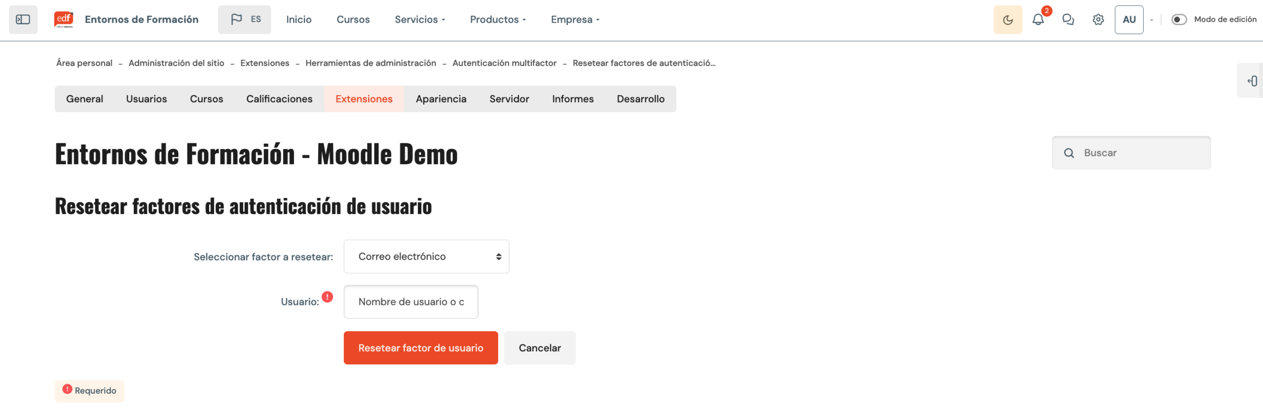 Apartado donde resetar los factores de autenticación de un usuario