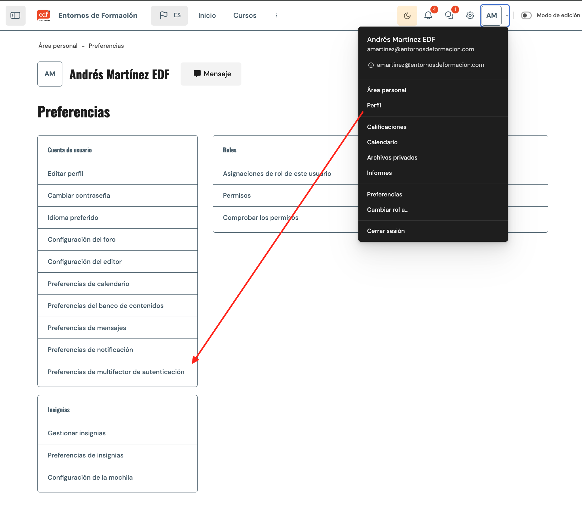 Acceso a las preferencias de configuración MFA del perfil de un usuario de Moodle