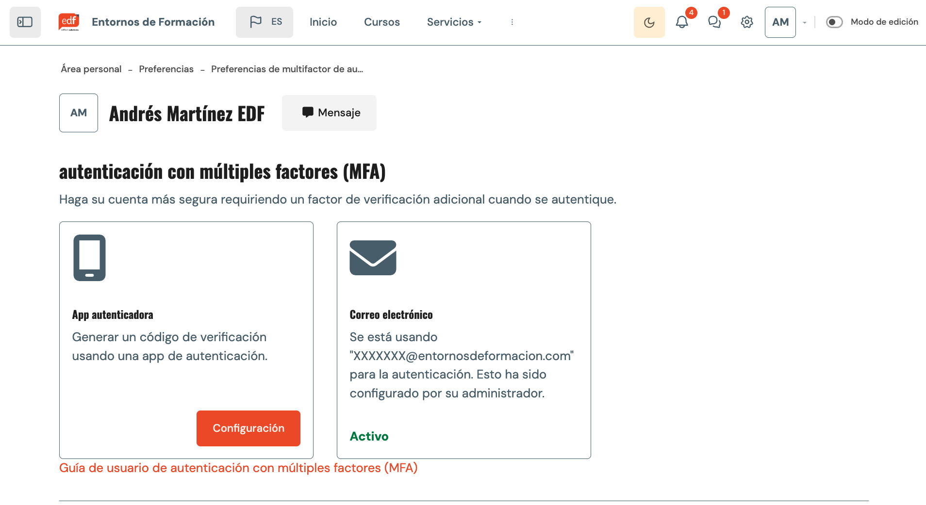 Opciones de autenticación MultiFactor en el perfil de usuario de Moodle