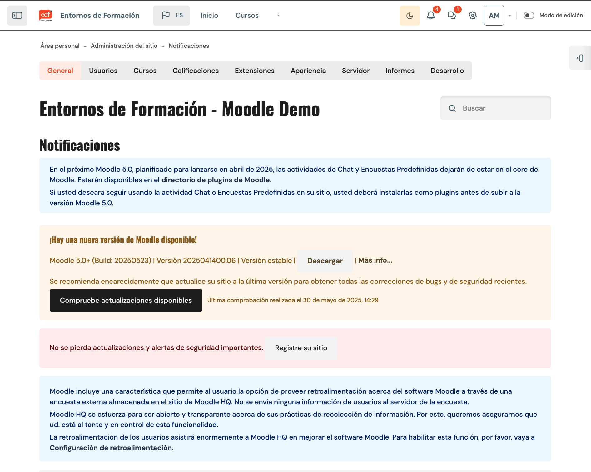 Área de notificaciones del administrador de Moodle