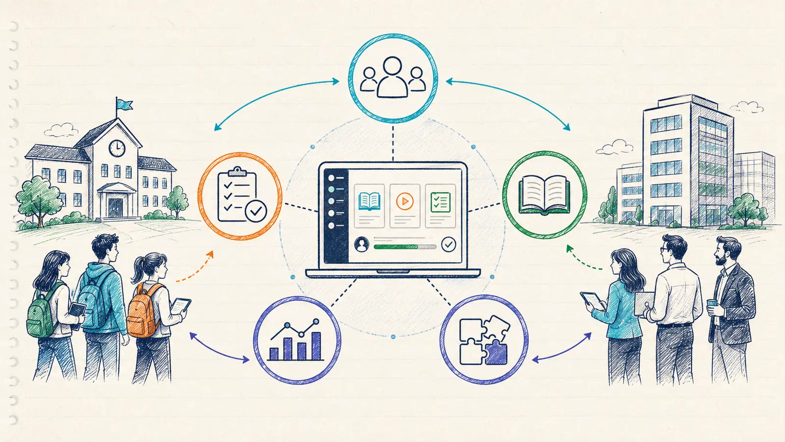 Moodle como ecosistema de formación conectado con cursos, evaluaciones, usuarios, informes e integraciones.