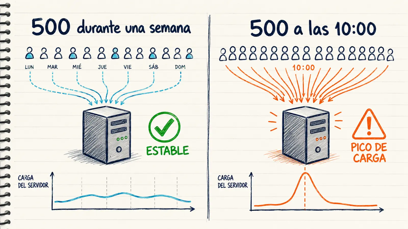 Diferencia entre usuarios registrados y usuarios concurrentes al dimensionar un servidor Moodle.