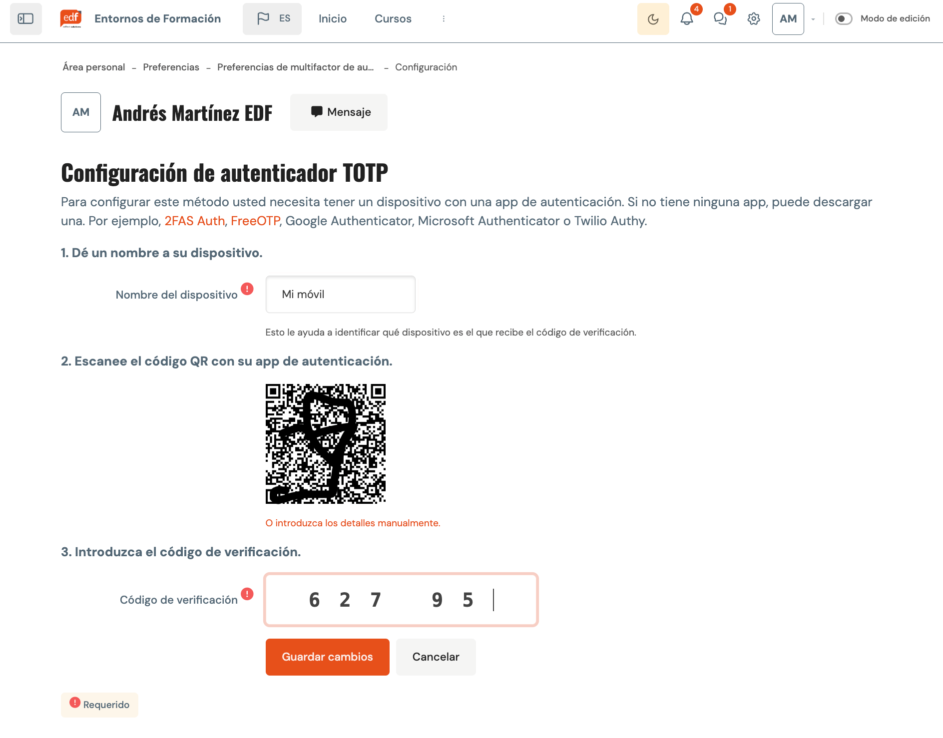Configuración de una app autenticadora MFA con Moodle