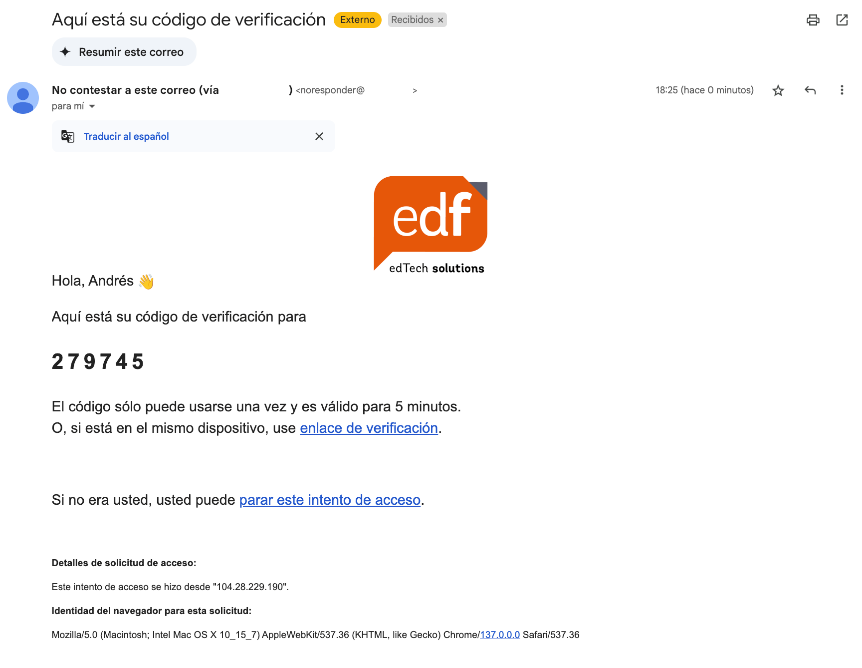 Ejemplo de email de MFA de Moodle