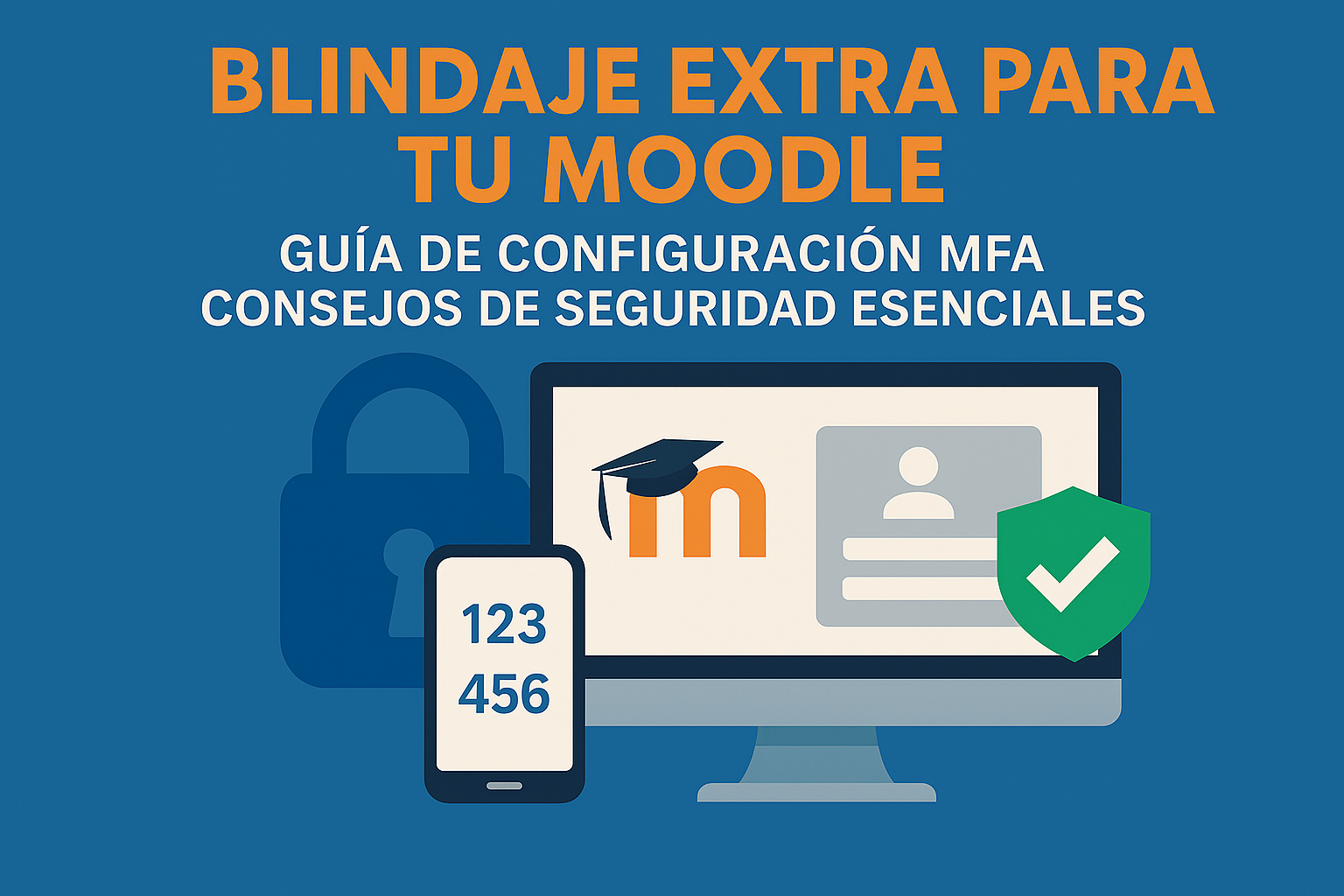 Imagen destacada con el título “Blindaje extra para tu Moodle”. Incluye ilustraciones de un ordenador con el logo de Moodle, un móvil con código de autenticación y un candado, representando la configuración de MFA y consejos de seguridad.