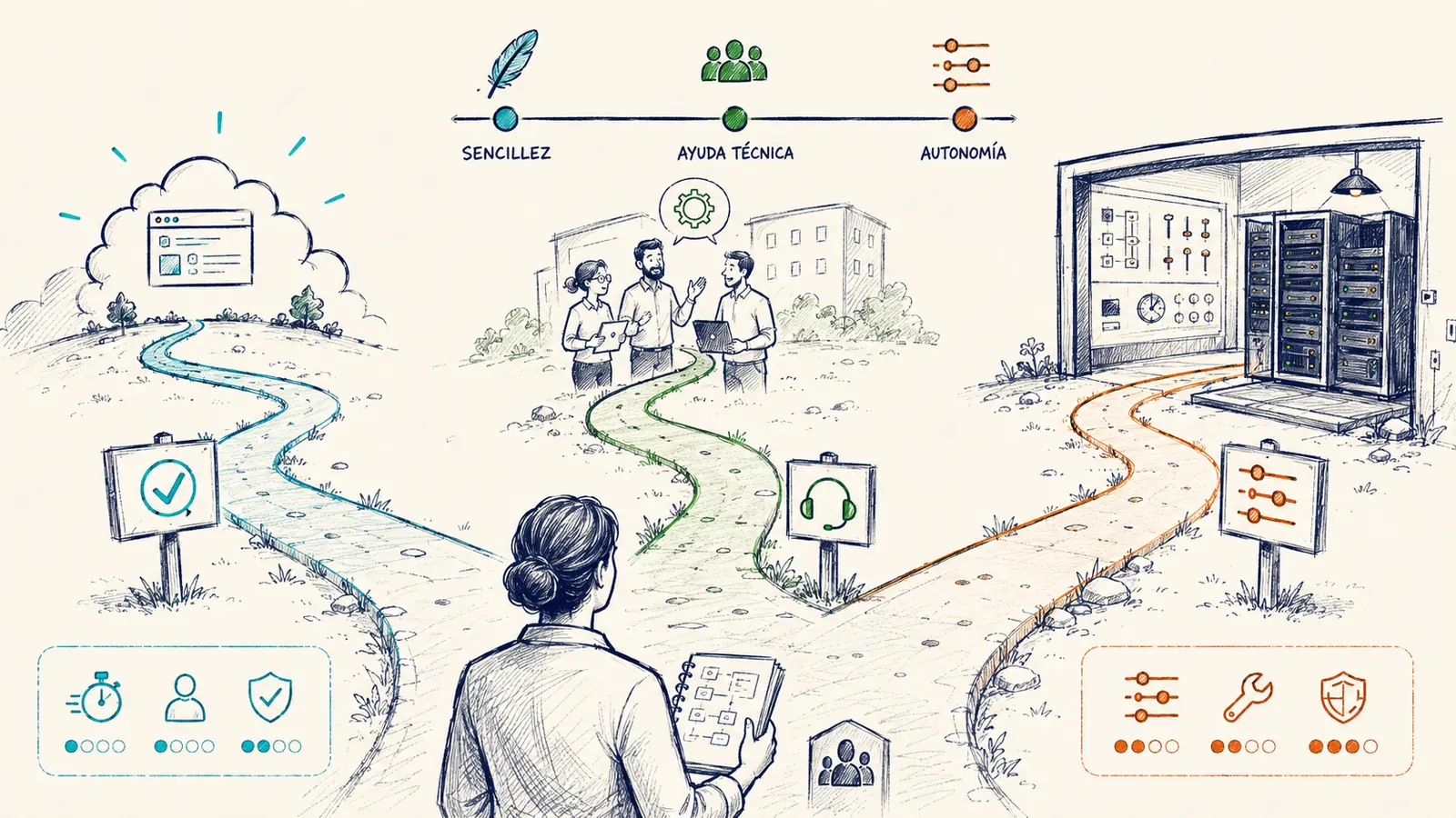 Tres caminos para usar Moodle mediante servicio listo para usar, alojamiento gestionado o infraestructura autoalojada.