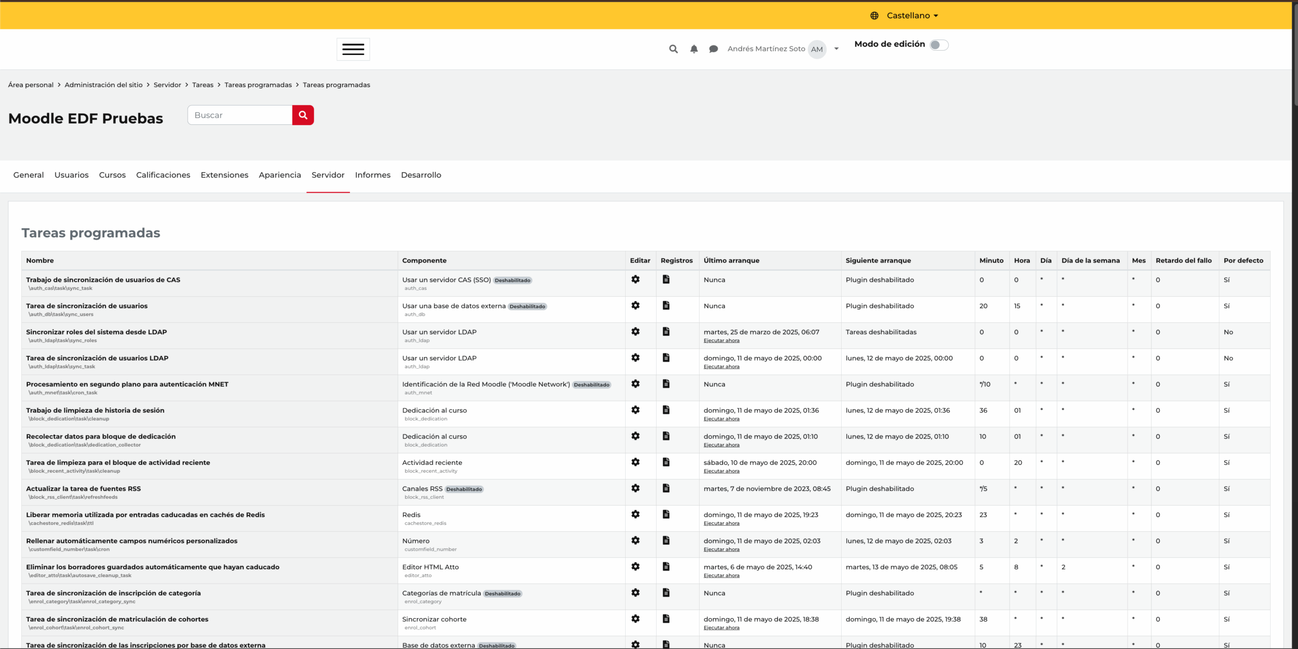 Listado de tareas programadas de Moodle