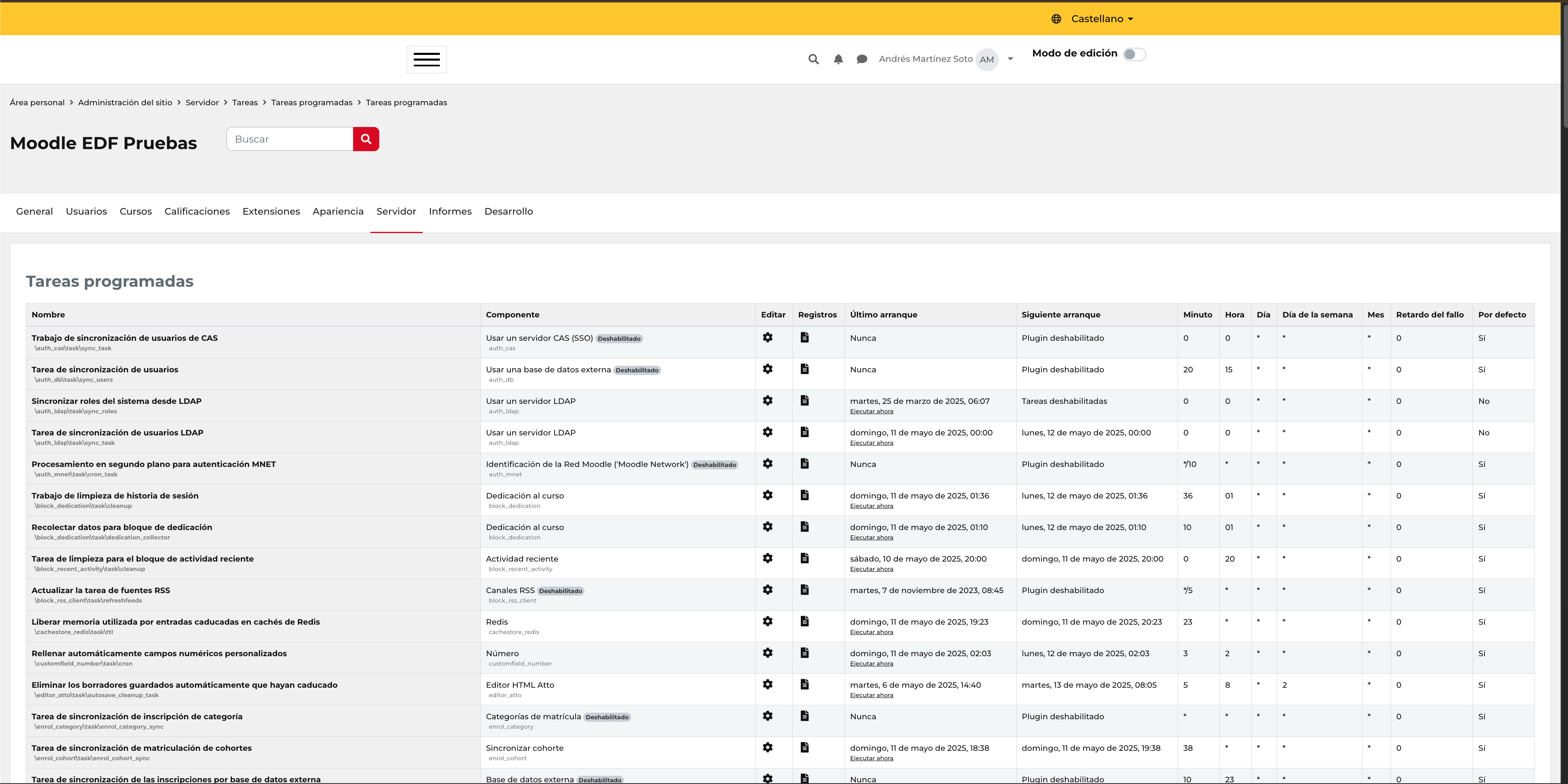 Listado de tareas programadas de Moodle