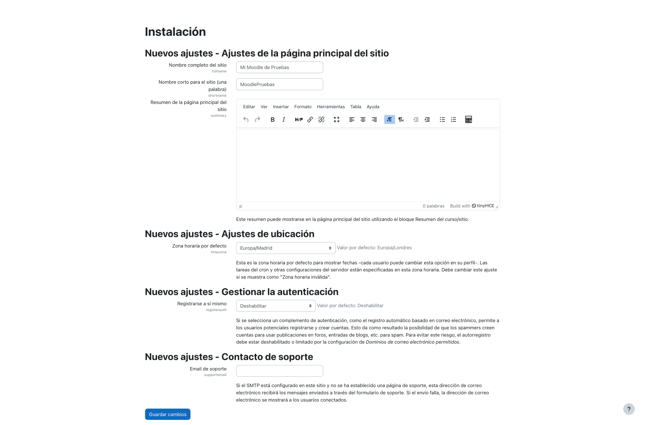 Instalación de Moodle, configuración del nombre del sitio