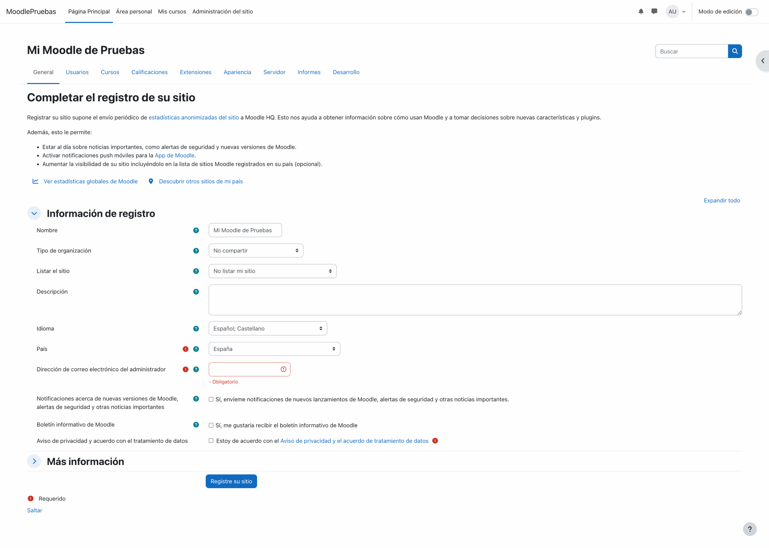 Instalación de Moodle en Ubuntu VPS, registrar la instalación de Moodle