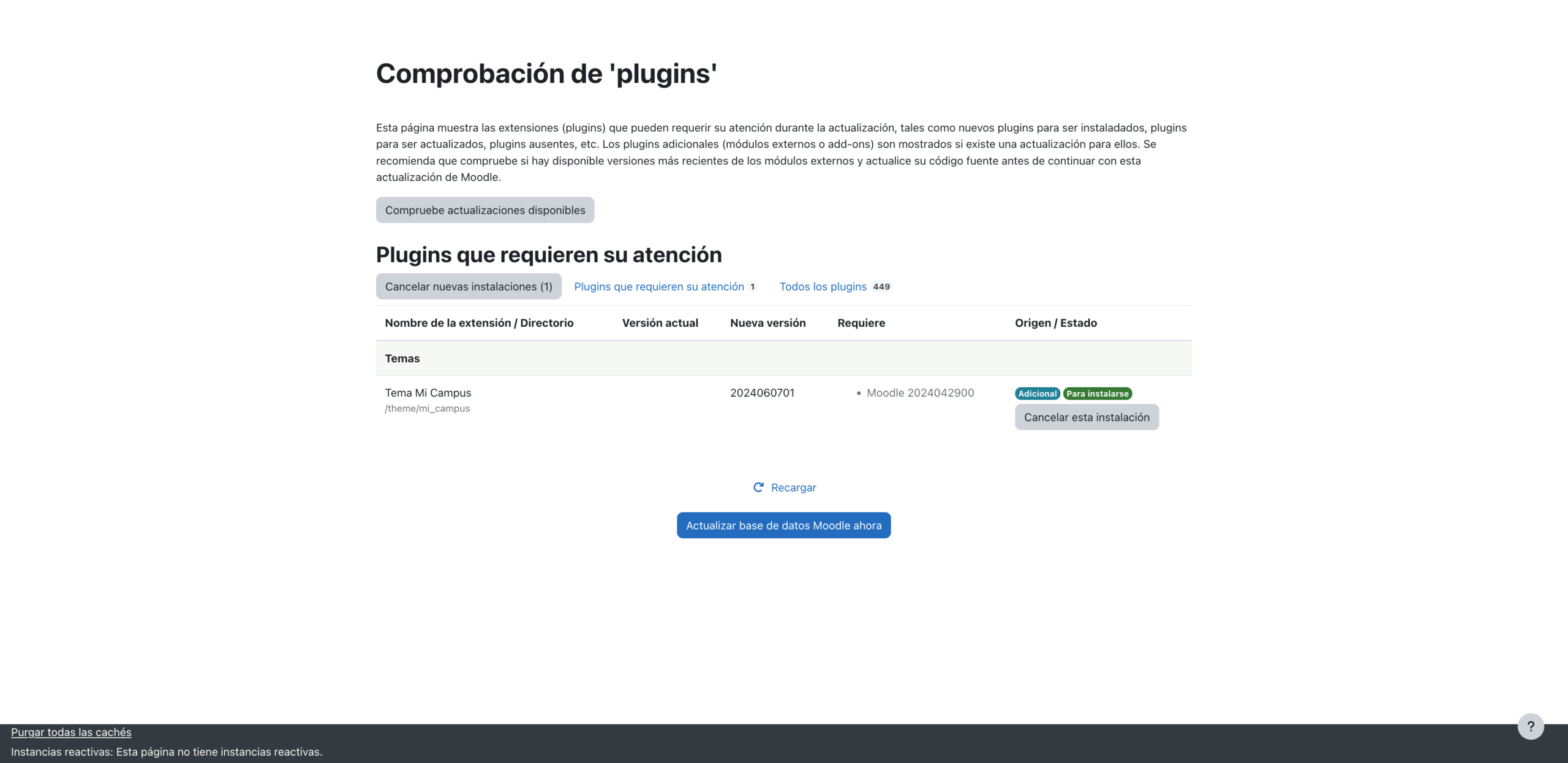Pantalla de comprobación de plugins en Moodle mostrando la instalación del tema hijo “Mi Campus”
