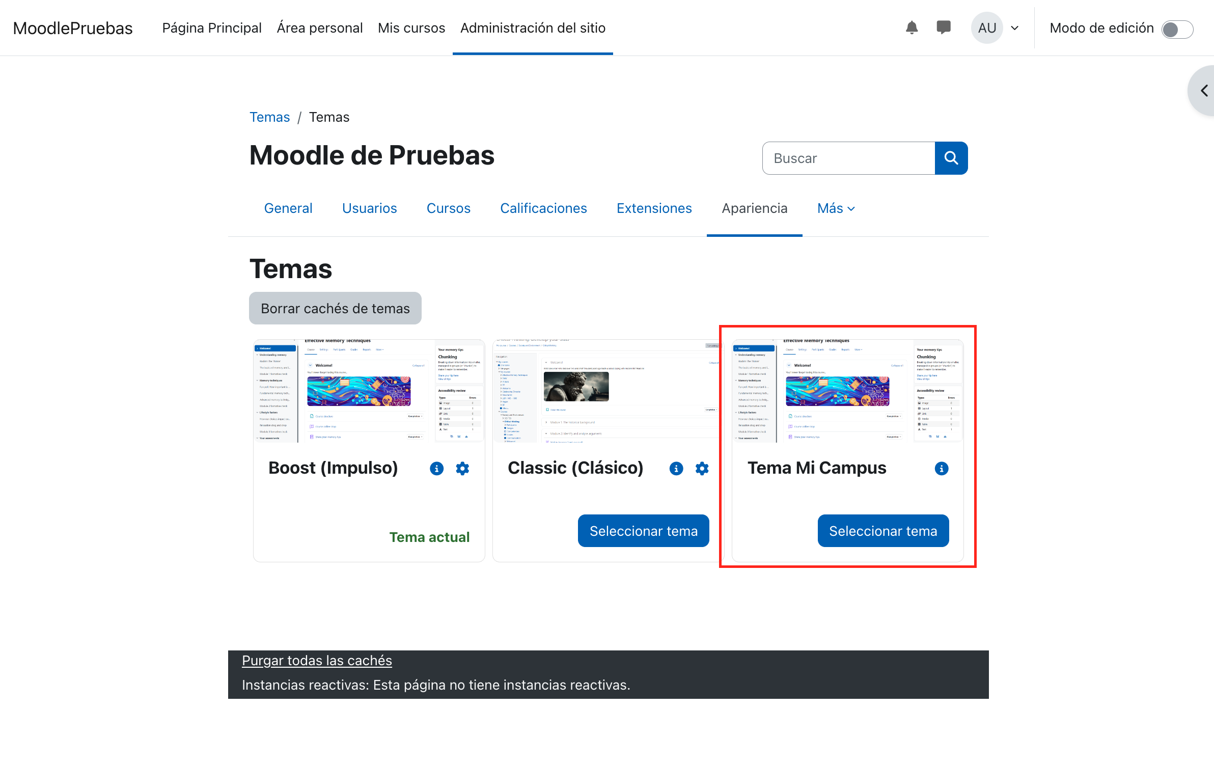 Selector de temas en Moodle mostrando el tema hijo “Mi Campus” disponible para activarse
