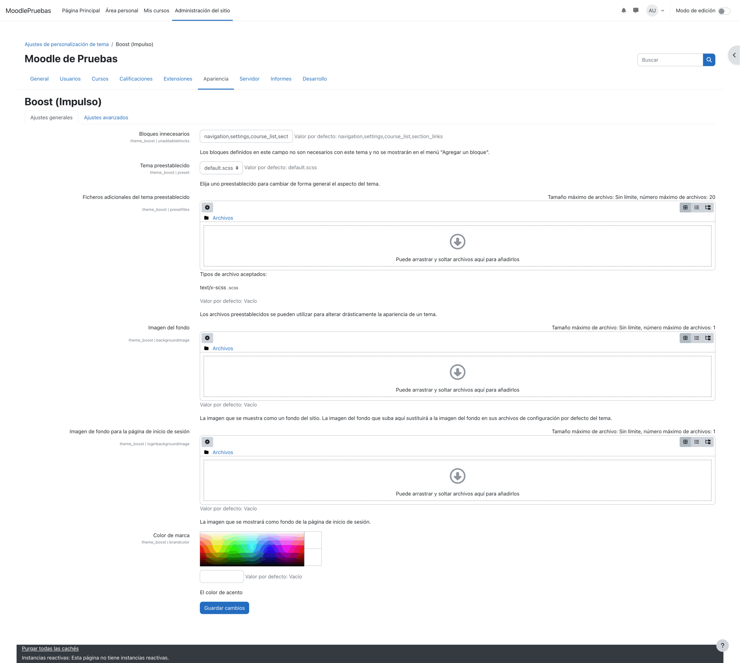 Panel de configuración avanzada del tema Boost en Moodle mostrando opciones para personalizar colores, fondo e imagen de login
