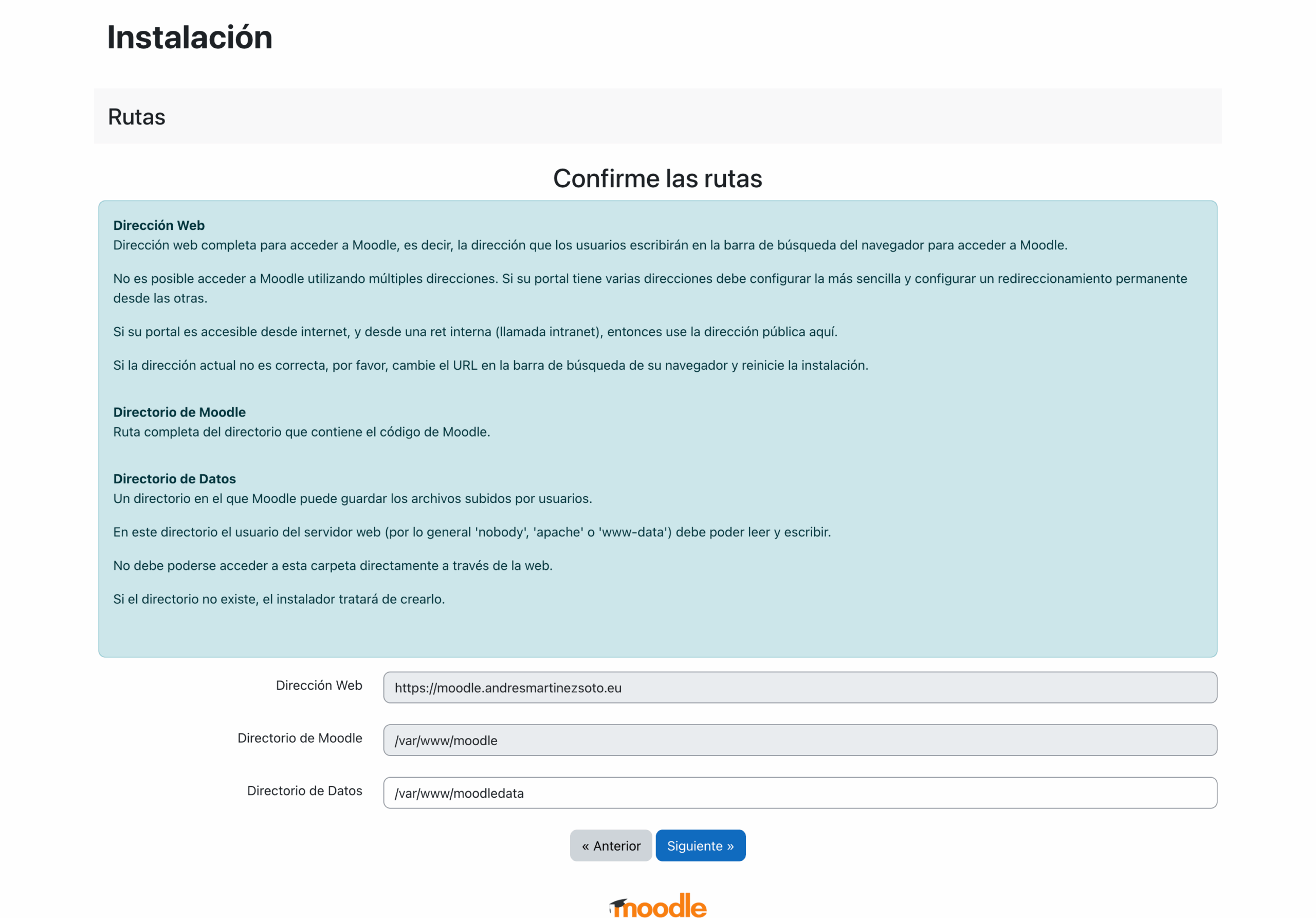 Instalación de Moodle, selección de directorios y url