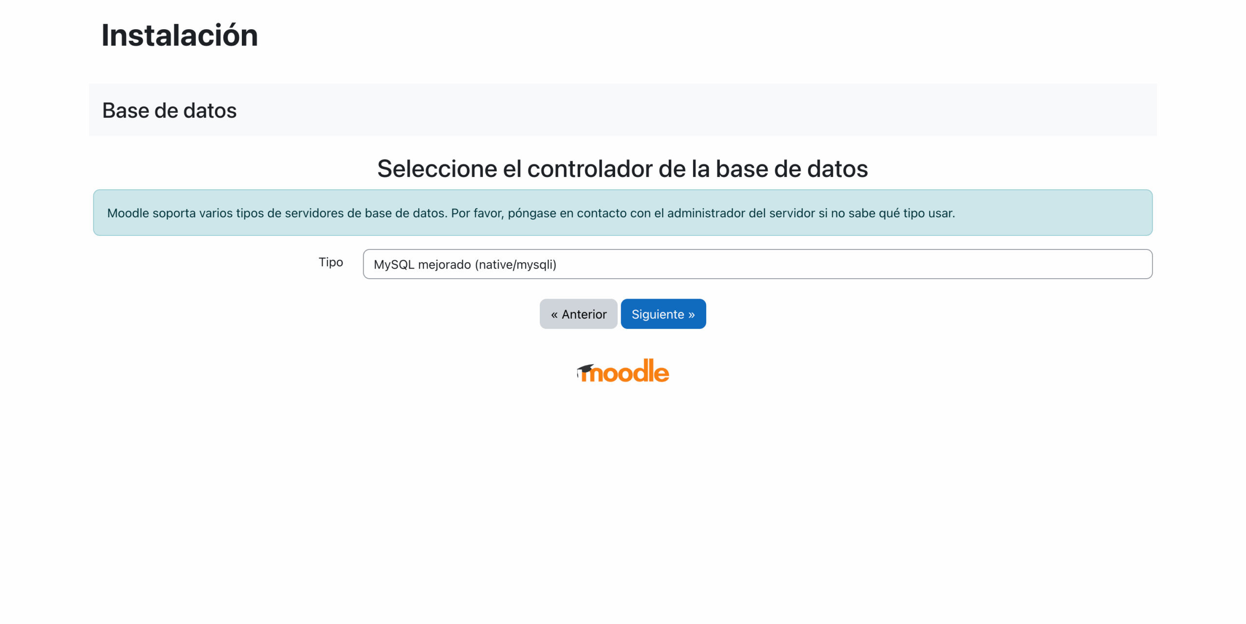 Instalación de Moodle, selección de motor de base de datos