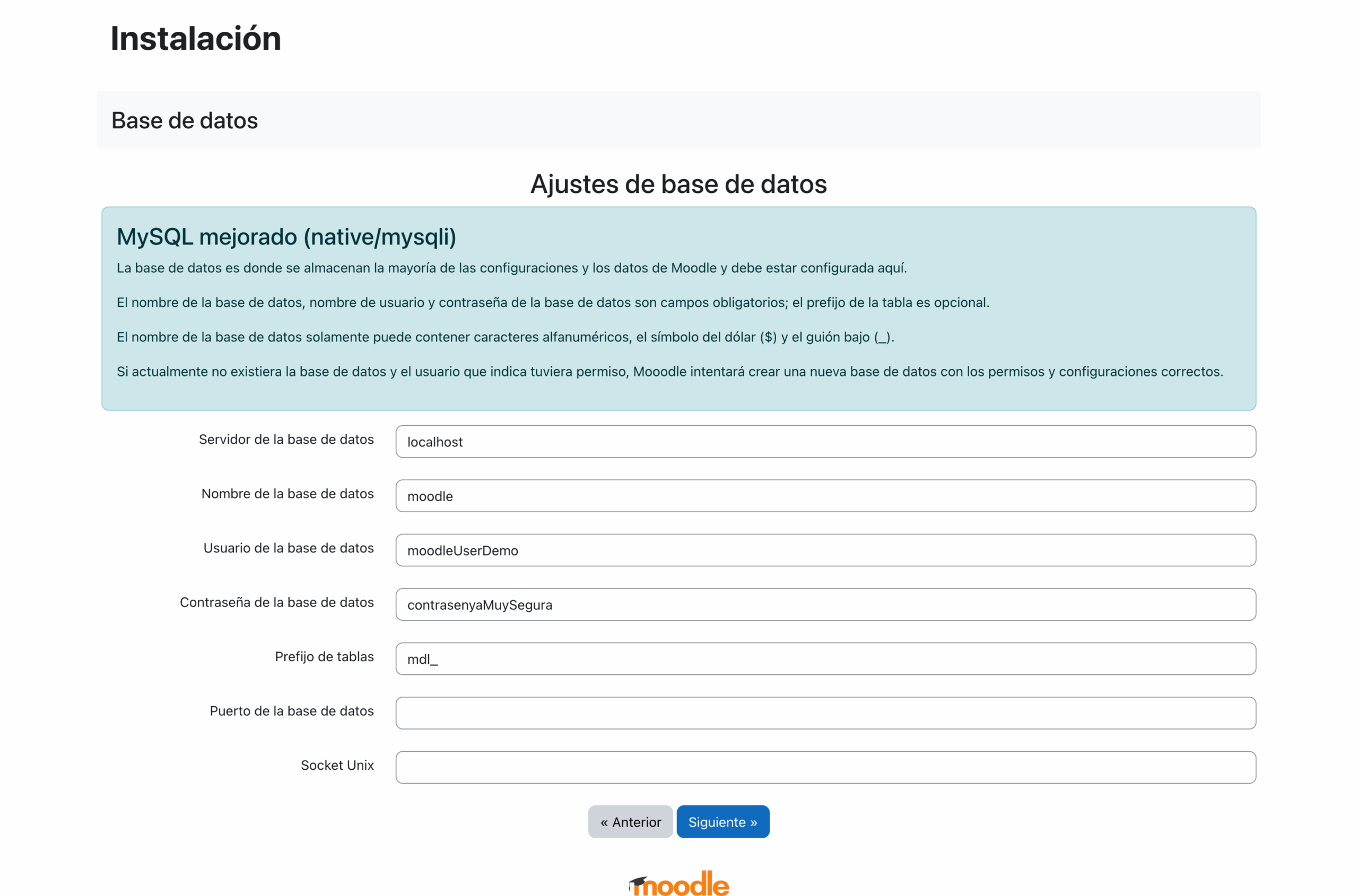 Instalación de Moodle, configuración de la base de datos