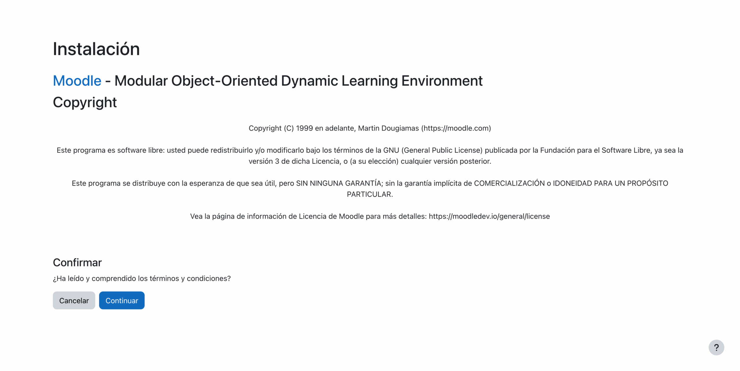 Instalación de Moodle, aceptación de licencias y comienzo de instalación
