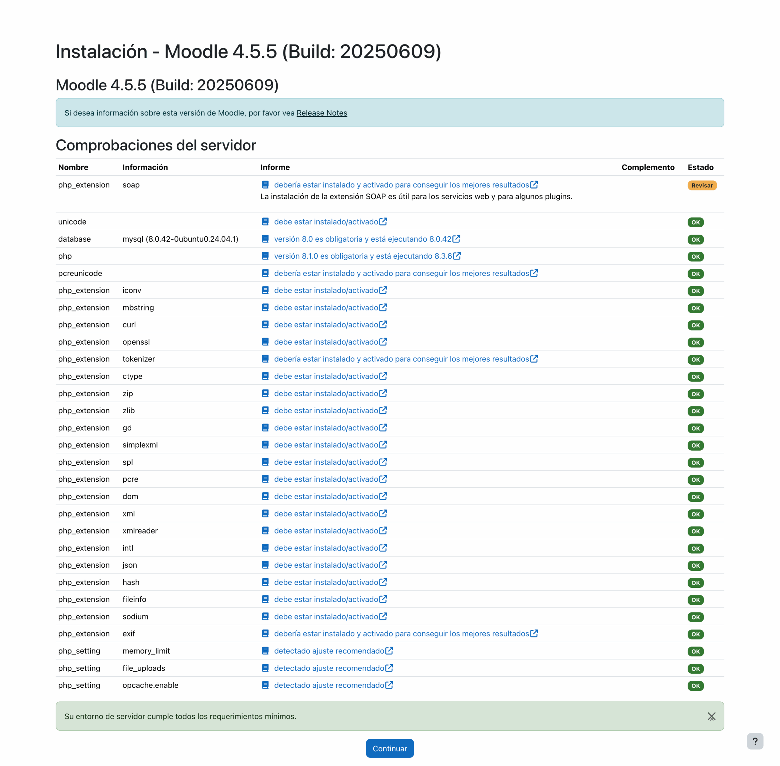 Instalación de Moodle, comprobaciones de versiones de software y valores de PHP