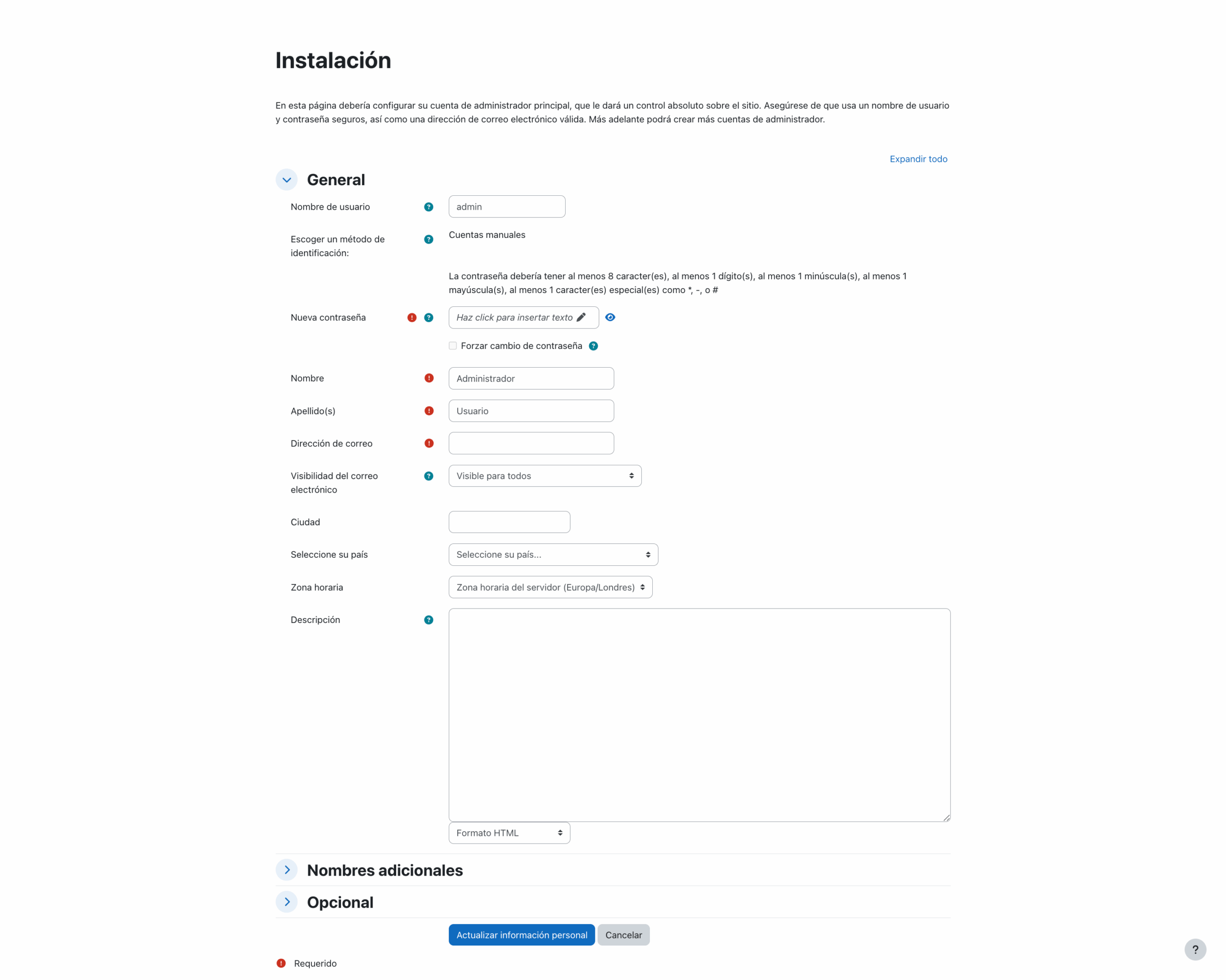 Instalación de Moodle, configuración del usuario administrador