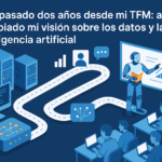 Ilustración isométrica que muestra una tubería de datos industrial transformándose en un aula digital con IA, simbolizando la transformación de datos e IA en edTech