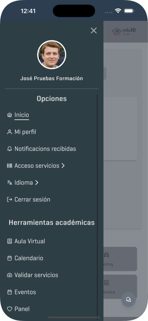 Menú principal y accesos rápidos en EduID