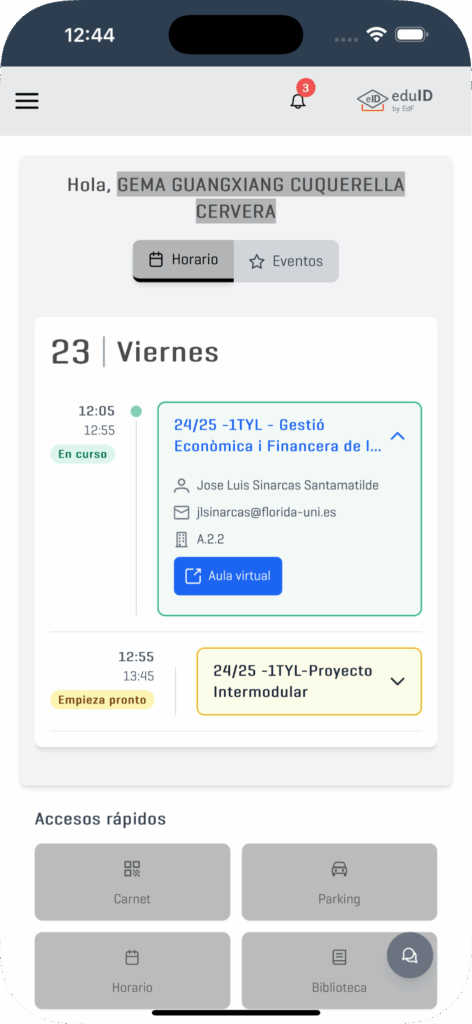 Pantalla principal de estudiante en EduID