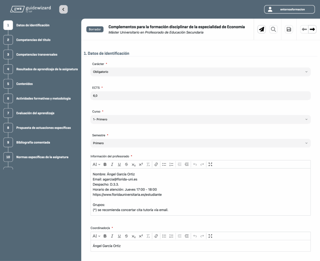 Editor paso a paso de guías docentes en Guide Wizard