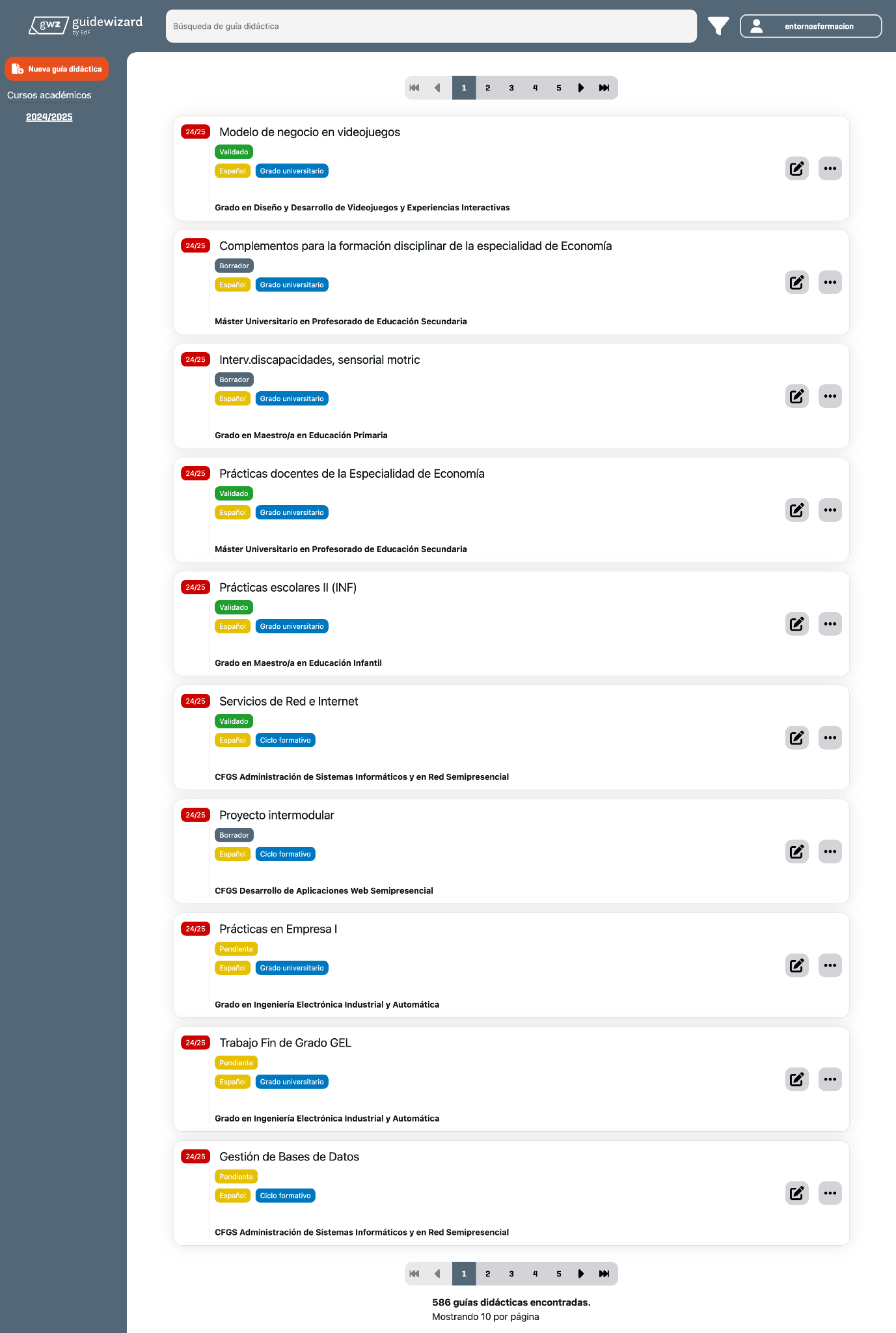 Vista principal de Guide Wizard con lista de guías docentes