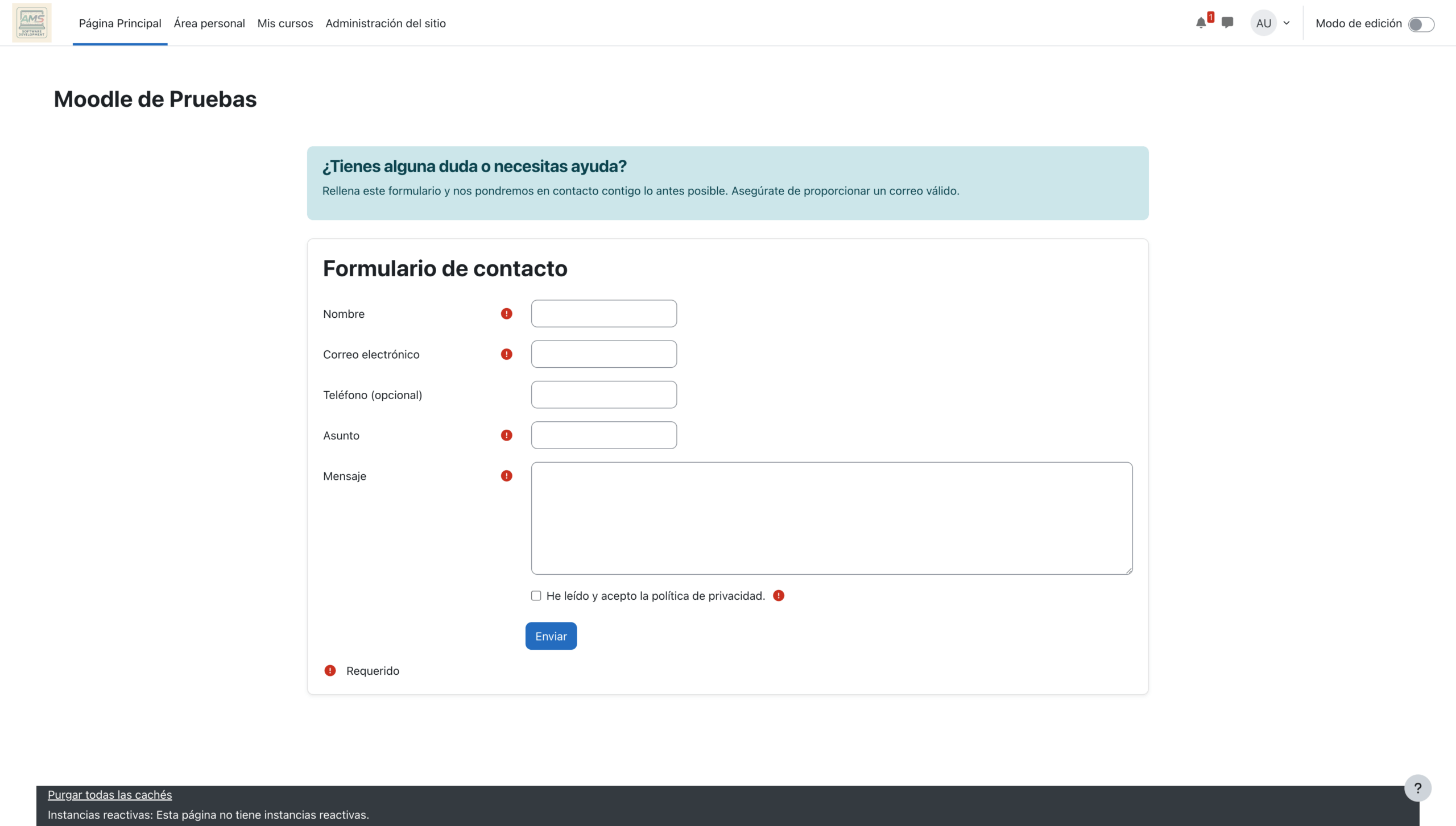 Formulario de contacto construido con nuestro plugin para integrar formularios en Moodle
